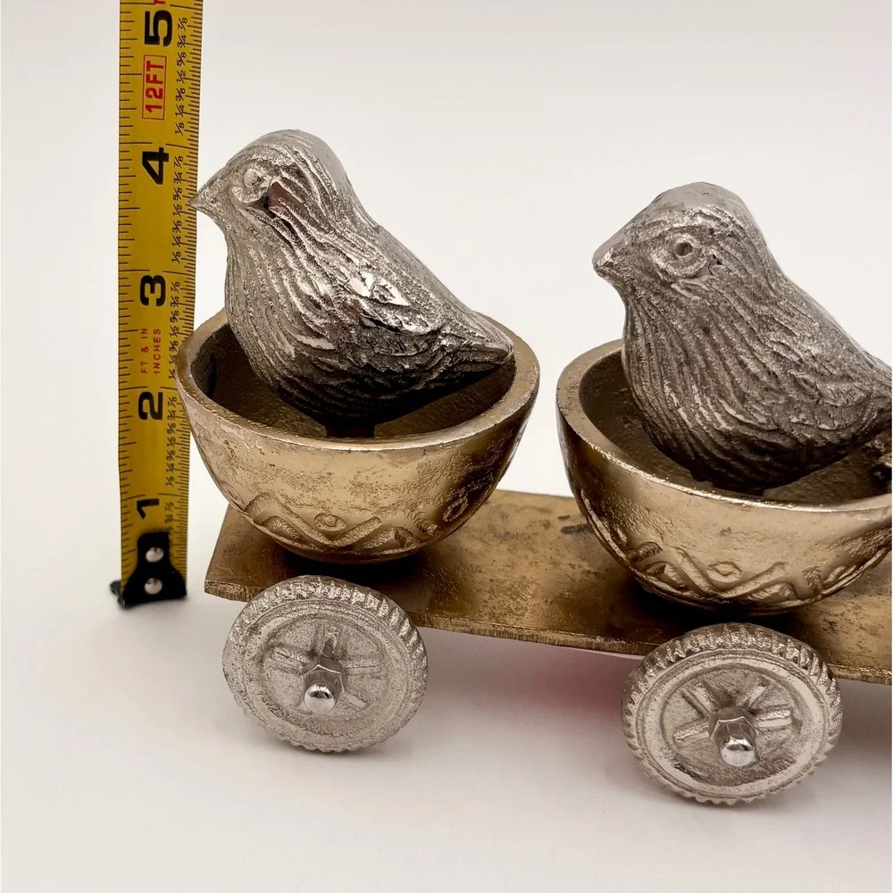Vintage Style Mixed Metal Three Birds on Rolling Cart Figurine‎ Decor 8.5 Inch